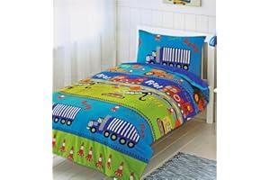 AuraHome ® Premium Cotton Mix Printed Children's Kids Road Works, Construction Vehicles, Trucks, Fire Engine Single Bed Duvet Cover and Pillowcase Set