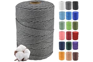 KLHAMKY 3 mm x 500 m Cordón de algodón macramé Suave, 4 hebras retorcidas 100% algodón Natural para Colgar en la Pared, Bricolaje, Manualidades, Tejer, Colgar Plantas, proyectos de decoración, Gris