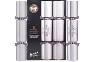 CHRISTMAS JINGLE abeec Silver Luxury Christmas Crackers – 6 Large 14" Festive Crackers With Hats, Trivia Quiz Cards And Practical Gifts – Glitter Silver Finish For Elegant Christmas Celebrations