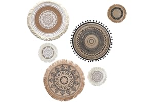 LELE LIFE Jute Boho Wall Decor Set of 6, Flat Round Macrame Boho Wall Hanging, Mandala Wall Art for Bohemian Farmhouse Rustic Bedroom Living Room Wall Decor, Style A