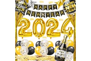 BEINHOME New Year’s Eve Party Decorations, 48PCS Happy New Year Decorations 2024 New Years Eve Party Supplies, 2024 Happy New Year Banner Balloons Fringe Curtain Confetti, Photo Booth Props Black&Gold