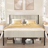 VASAGLE Bed Frame, 16 x 200 cm, with Upholstered Headboard | Bed Frame, Metal, 500 kg Weight Capacity, Easy Assembly, Beige C