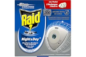 Raid Recharges pour Diffuseur Électrique à Sable Compressé, Anti-Moustiques, Moustiques Tigres et Mouches, Night & Day, Insecticide 2X(Lot de 3)