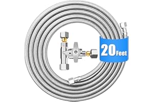 HAOCHEN Fridge Water Line Kit - 20FT Premium Stainless Steel Braided Refrigerator Water Line with Tee Stop Valve,Foodgrade PEX Inner Tube Ice Maker Water Line with 1/4" Fittings for Refrigerator Ice Maker