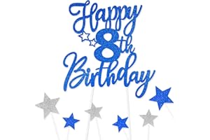 FUNCANDLE Royal Blue Happy 8th Birthday Cake Toppers for Cake,Personalised Cake Toppers for Boy Men Girl Women Decorations,Glitter Cupcake Topper Cake Topper Kit 8th Birthday Party Cake Decoration Supplies