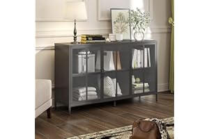 BIZOEIRON Metallschrank mit Glastüren, Sideboard Küchenschrank, Glas Vitrine Schrank mit Verstellbarem Regal, Anrichte Schrank für Küche Esszimmer Wohnzimmer, 40T x 140B x 85H cm, Schwarz