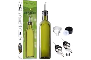 CHEFONIC Green Glass Oil Dispenser - 500 ml, with Funnel & 2 Stainless Steel Pourers - Modern Olive Oil Bottle Drizzler for Kitchen