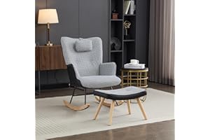 BTM Rocking Chair for Nursery, Fabric Rocking with Footstool, Side Pocket, High Back and Solid Wood Legs, Relaxing Recliner Chair for Balcony Living Room Bedroom