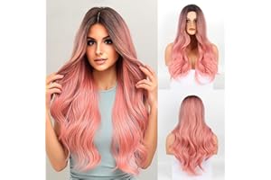 FENYW Peluca de Halloween para mujer, color rosa, peluca rosa degradado, pelucas de pelo largo y rizado para mujer, peluca rosa Barbie para mujer, pelucas largas y rectas para fiestas diarias (rosa)