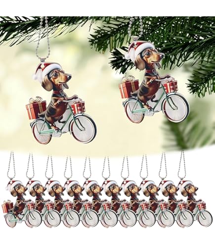 Teckel kerstboomversiering, 6 stuks kersthangers, acryl