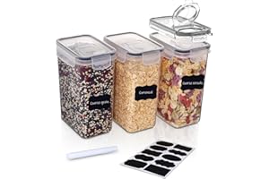 HIBISAWS Zestaw 3 Pojemników 2 L z Odchylaną Pokrywą - Doskonała Szczelność, Wielofunkcyjne Przechowywanie Żywności, Bez BPA, Etykiety Wliczone