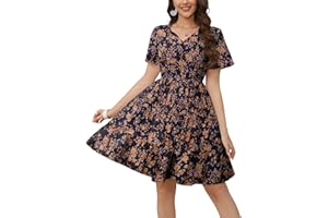 Hotouch Damska letnia sukienka z dekoltem w serek, tunika z krótkim rękawem, długość do kolan, sukienka plażowa, sukienka na czas wolny, sukienka kopertowa, S-XXL