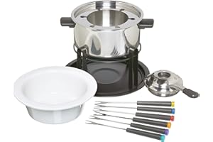 KC BLUE KitchenCraft 3-in-1 Fondue-Set mit farbcodierten Fondue-Gabeln (für Schokoladen-, Fleisch- und Käsefondue), Silber