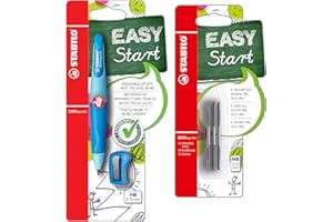 STABILO EASYergo 3.15 - Lápiz de impresión ergonómico para diestros (6 unidades), color azul claro y oscuro, incluye 1 mina gruesa, dureza HB y sacapuntas + minas para rellenar, paquete de 6 unidades,