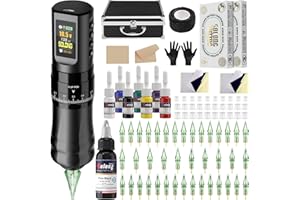 SOLONG TATTOO Kit máquina tatuaje Solong Set Profi, rotativa inalámbrica 1800mAh, LCD, 40 agujas, 8 tintas, ideal para principiantes y artistas, modelo SLE96EN01SEU-1