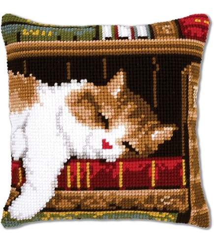 VERVACO Borduurpakket Kussen Kruissteek KAT EN BOEKEN Voorbedrukt Handwerkpakket voor Sierkussen 40 x 40 cm Zelf Maken Knutselen voor Volwassenen Woondecoratie DIY Cross Stitch Kit