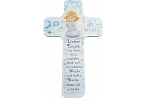 BABYWELT-AS Kinderkreuz / Taufkreuz für Jungen (hellblau) und Mädchen (rosa) als ideales Taufgeschenk, Konfirmation, Kommunion, Firmung, Jugendweihe mit „Lieber Engel begleite mich …“ im Kinderzimmer an Schrank, Tür oder Wand aufhängen - aus unserer Reihe Kinderkreuze und Geschenke zur Geburt & Taufe (BLAU))