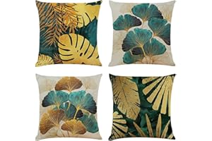 NIULAA Fundas de Cojín 50x50 cm Set de 4 Fundas de Cojines de Hojas Verdes y Doradas Fundas Cojines de sofá de Lino para Sala de Estar Fundas de Almohada Cuadradas