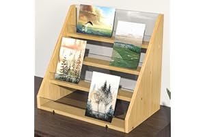 NiHome 4-Tier Bamboo & Acrylic Greeting Card Display Stand for Cards, Photos, Postcards - Durable Stylish Showcase Organizer with High-Transparency Panels for Home, Wedding & Keepsakes