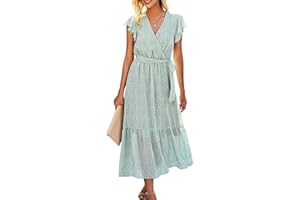 ASOMI Kleid Damen Sommer Boho: Blumen Herbst Wickelkleid Frühling Mode Lang Maxikleid V-Ausschnitt Casual Kurzarm Strandkleid Rüschen Freizeitkleid mit Gürtel