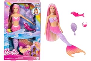 Barbie Malibu Syrenka Zmiana koloru Lalka z różowymi włosami, akcesoriami do stylizacji, delfinkiem i funkcją zmiany koloru aktywowaną wodą, HRP97