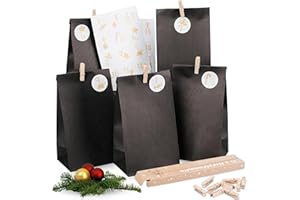 QTYORD Adventskalender zum Befüllen - Adventskalender 2025 - mit 24 schwarzen Geschenktüten und 24 Zahlenaufklebern und Klammern - zum Basteln und Verschenken - Weihnachten
