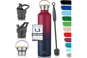 Milu Botella de Agua, 500ml, 750ml, 1000ml (+3 Tapas) - Acero Inoxidable, Libre BPA, Para Bebidas Calientes, Frías y Carbonatadas (Azul Berry, 1l)