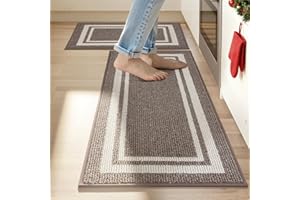 COSY HOMEER Nonslip Kitchen Runner Rug Set 2 Pieces, 61x90cm+61x152cm, Absorbent and Machine Washable Kitchen Floor Mats, 100% Polypropylene Carpet Runners for Anti Water Splashes, Brown