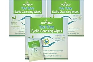 NOVEHA Lot de 180 lingettes pour paupières et cils à l'huile d'arbre à thé avec acide hyaluronique, thé vert et camomille pour blépharite et démangeaisons oculaires, lingettes emballées