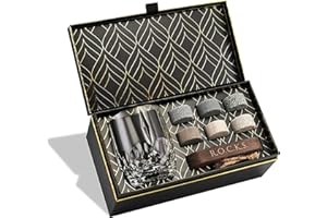 ROCKS WHISKEY CHILLING STONES Set de Piedras de Whisky & los Primeros Vasos de Cristal Ecológico del Mundo - 6 Piedras Naturales de Granito – Iconic Vaso de Whisky Europeo 346ml- Bandeja de Madera, Caja de Regalo con Lámina de Oro