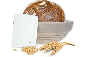 riijk Cestino da Lievitazione per Pane con Staffe in Inox (Rotondo, Ø 25 cm) + Raschietto per la Pasta di Pane - Cestino di Fermentazione Naturale - con Panno di Lino