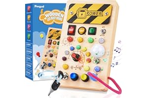 Pmgud Busy Board Montessori Activity Board a Partire da 1 Anno Giocattolo Montessori in Legno con 8 interruttori, 15 luci a LED, 6 musiche per Neonati e Bambini Piccoli Educazione sensoriale