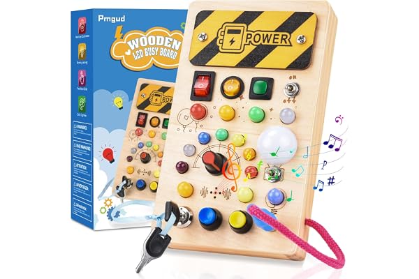Pmgud Montessori Busy Board d’activité Jouet en bois avec 8 interrupteurs, 15 lumières LED et 6 musiques Jouet éducatif sensoriel pour bébés à partir de 1 an