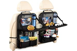 Torven Organisateur de Voiture enfants 2 Pièces, Noir avec Table Pliante, 10 Poches, Compartiment Tablette Tactile, Protection Siège Arrière Voiture Universel pour Enfants et Voyages