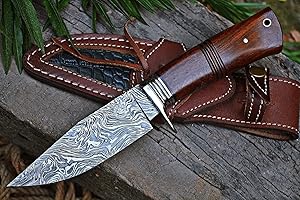 BIGCAT ROAR Cuchillo de Caza de Acero De Damasco, Hecho a Mano, Con Funda de Cuero - Cuchillo de Caza EDC Con Hoja Fija y Espiga Completa De 25,4 Cm - Cougar Hunter