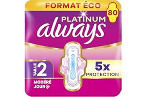 Always Platinum Serviettes Hygiéniques, Taille 2, Long, 80 Serviettes Avec Ailettes, Flux Modérés Jour, Format Eco, Douces et Flexibles, Super Absorbantes et Ultra Fines