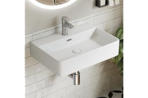 HOROW Waschbecken 60 cm Keramik, Modernes Aufsatzwaschbecken mit Hahnloch & Überlauf, Weiße Hängewaschbecken Waschtisch Bad für Badezimmer, Gäste WC & Garten, leicht zu reinigen