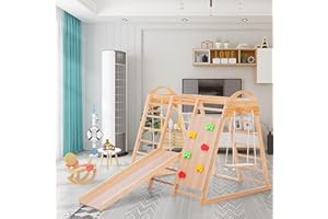 MERAX Armazón de escalada para niños, 7 en 1 multifunción, triángulo trepador, parque infantil de madera maciza, columpio, escalera de escalada, tobogán de tablas de escalada, una red para escalada, piedra