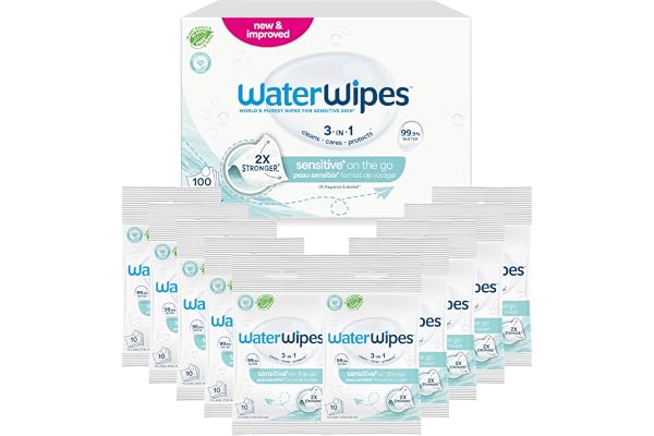 WaterWipes Sensitive+ On The Go Wipes, Lingettes On The Go, 100 unités (10 paquets), 3-en-1 nettoie, soigne, protège, 99,9% d'eau, lingettes humides non parfumées