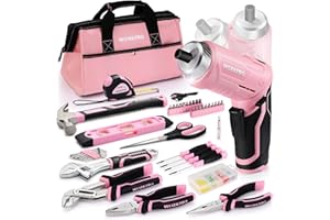 WORKPRO 74-Piece Tool Set with Cordless 3.7V Screwdriver, Pink Tool Kit with Carrying Bag, Perfect for DIY, Home Repair