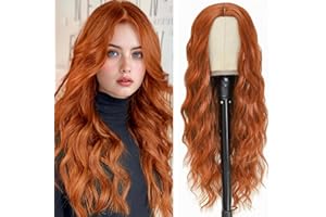 PORSMEER Damen Perücke Ingwer Lang Lockige Kupfer Rot Perücken für Frauen, Natürlich Mittelscheitel Lange Locken Orange Rot Wig, Anime Cosplay Halloween Wigs 28 Zoll