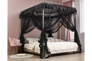 Mengersi 4 Eckpfosten Bett Baldachin Bettvorhänge Moskitonetz Schlafzimmer Dekoration Zubehör (Doppelbett, schwarz)