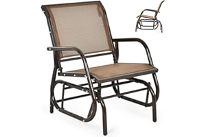 RELAX4LIFE Garden Glider Chair, Outdoor Metal Frame Rocking Seat with Armrest, Single Gliding Swing Armchair for Patio, Porch and Poolside (Brown)