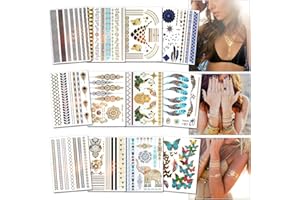 Temporäre Tattoos (Waterproof), 12 Blatt Tattoo aufkleber festival, (180+ Designs) Gold Festival Ausrüstung, Festival Armbänder für Frauen, Mädchen by AniSqui