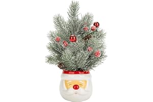 ‎HOLLYONE 28cm Mini Weihnachtsbaum Deko Pflanzen im Topf, Künstliche Weihnachtsbaum Tabletop Deko im Weihnachtsmann topf Keramik mit Gefrorene Beeren,Kiefernzapfen, Kugeln für Weihnachts deko Neujahr Ornamente