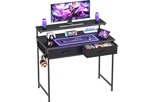 HOMIDEC Gaming Desk with Adjustable Monitor Stand, Computer Office Desk with 2 Storage Drawers, Gaming Table with Headphone Hook, Carbon Fibre Surface, for Gamers, Workers and Students, Black, 80cm