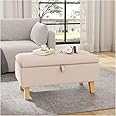 INMOZATA Linen Footstool with Storage Upholstered Ottoman Footstool Storage Stool Change Shoe Footrest with Wooden Legs for Living Room Bedroom (Beige)