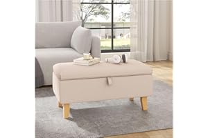 INMOZATA Linen Footstool with Storage Upholstered Ottoman Footstool Storage Stool Change Shoe Footrest with Wooden Legs for Living Room Bedroom (Beige)