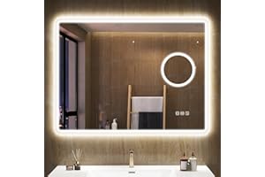 S'bagno Specchio-Bagno-con-Luce 60x80cm, Specchio-Bagno-LED con Ingrandimento 5X, Bluetooth, Antifog, 3 Colori, Dimmerabile, Memoria, Temperato, IP44, Orizzontale/Verticale