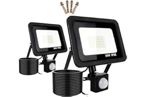 SOBROVO 30W Projecteur LED de Détecteur Mouvement Extérieur, 2 Pack 2700LM Lumière de Sécurité Super Brillante, Câble de 1,5 m, IP66 Imperméable, Daylight 6000K Pour Garage, Jardin, Cour et Terrain de Sport
